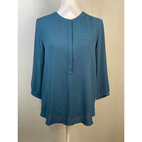 NYDJ Womens Blue Long-Sleeve Button-Front Blouse With Pleated Back & Pocket Deta - Picture 2 of 9